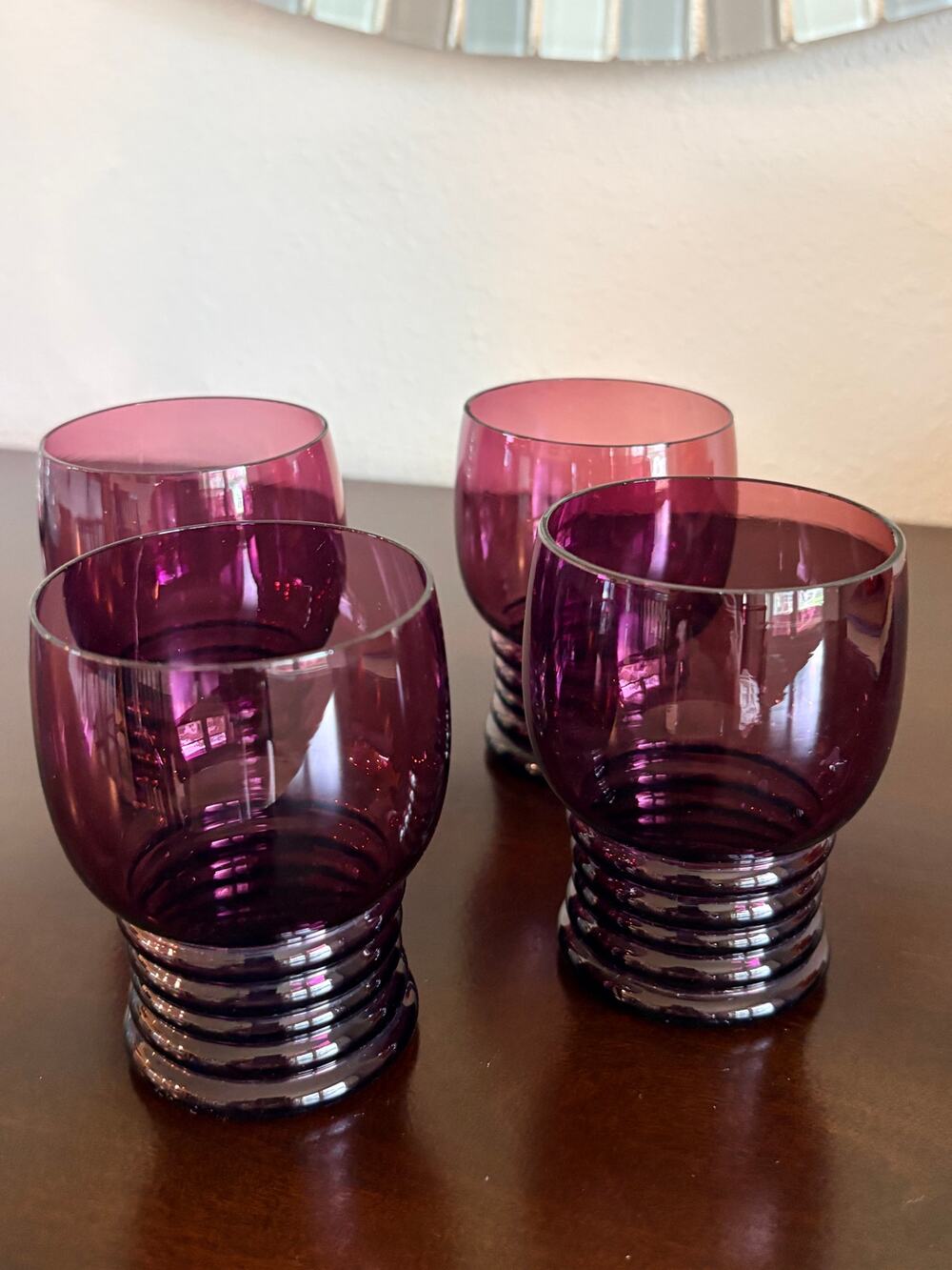 Vintage Amethyst Purple Drinking Glasses Set of 4 Ribbed Base Retro Glasses